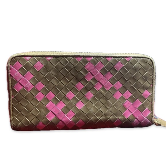 BOTTEGA VENETA Intrecciato Brown Pink Leather Round Zip wallet - Picture 2 of 14